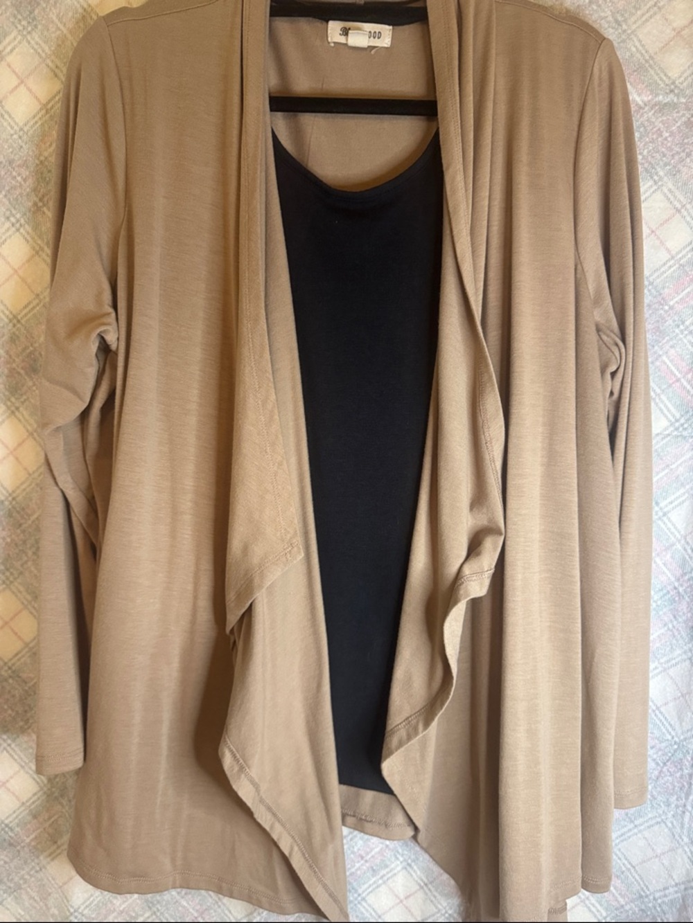 Women's Taupe Open-Front Draped Cardigan Top with Builtin Black Shell